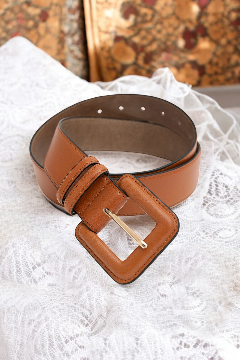 Sleek Square-Buckle Genuine Leather Belt Belts Leto Collection Cognac  