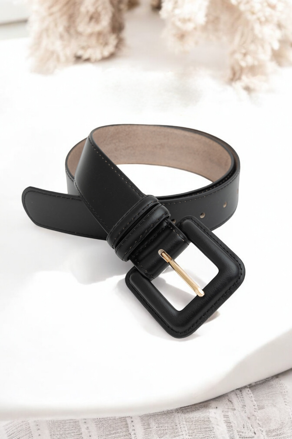 Sleek Square-Buckle Genuine Leather Belt Belts Leto Collection Black  