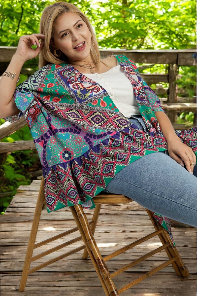 Umgee Full Size Mixed Print Ruffle Hem Open Front Cover Up Plus Size - NeoKira Unlimited