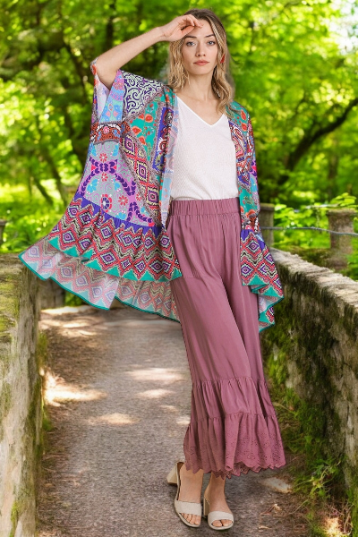 Umgee Full Size Mixed Print Ruffle Hem Open Front Cover Up Plus Size - NeoKira Unlimited