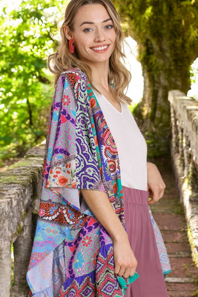 Umgee Full Size Mixed Print Ruffle Hem Open Front Cover Up Plus Size - NeoKira Unlimited