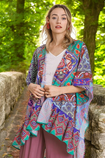 Umgee Full Size Mixed Print Ruffle Hem Open Front Cover Up Plus Size - NeoKira Unlimited