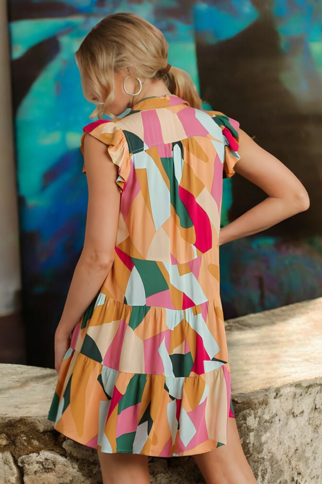 Umgee Full Size Button Detail Ruffle Sleeve Mini Dress Plus Size - NeoKira Unlimited