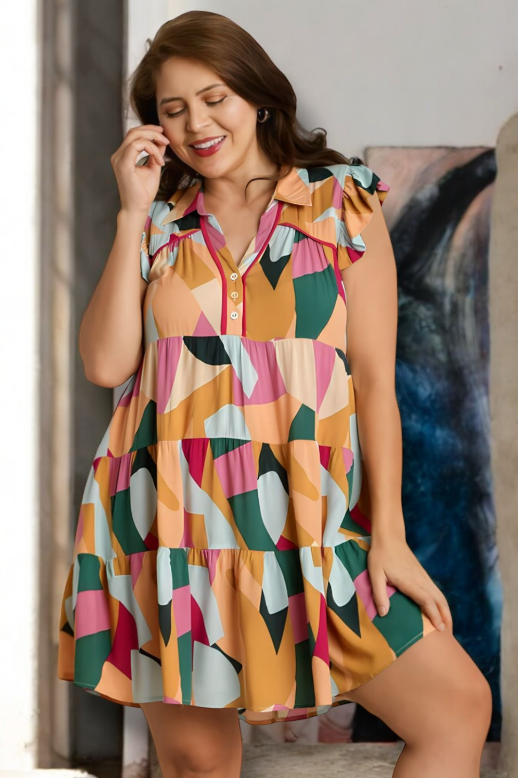 Umgee Full Size Button Detail Ruffle Sleeve Mini Dress Plus Size - NeoKira Unlimited