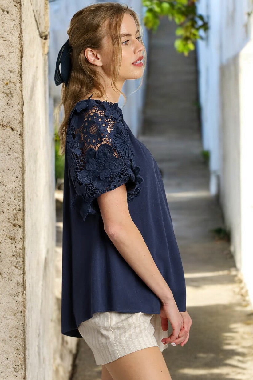 Umgee Full Size French Terry Boxy Cut Top with 3D Floral Sleeve Plus Size - NeoKira Unlimited