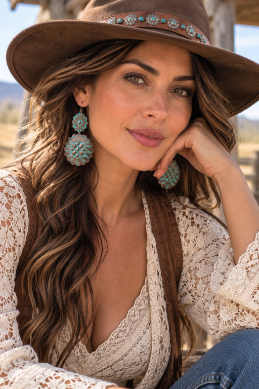 Turquoise Flower Drop Earrings Boho Western Style - NeoKira Unlimited