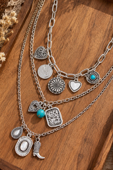 Set of 3 western boho layering necklaces with turquoise, heart and cowboy boot charms