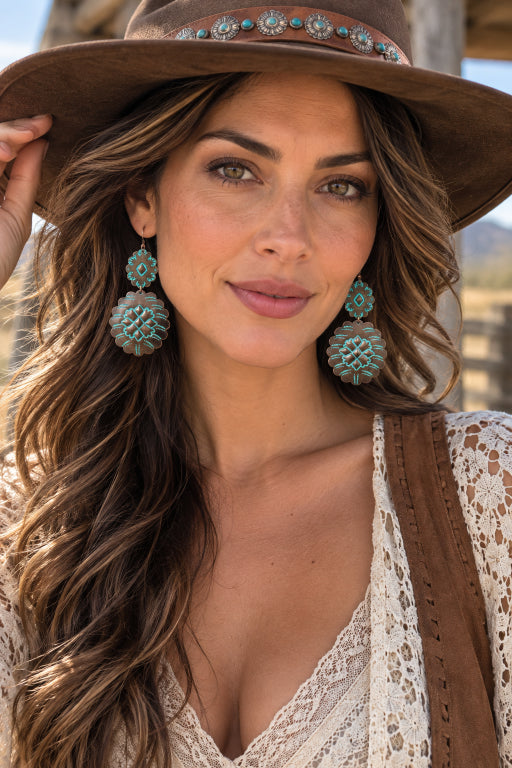 Turquoise Flower Drop Earrings Boho Western Style - NeoKira Unlimited