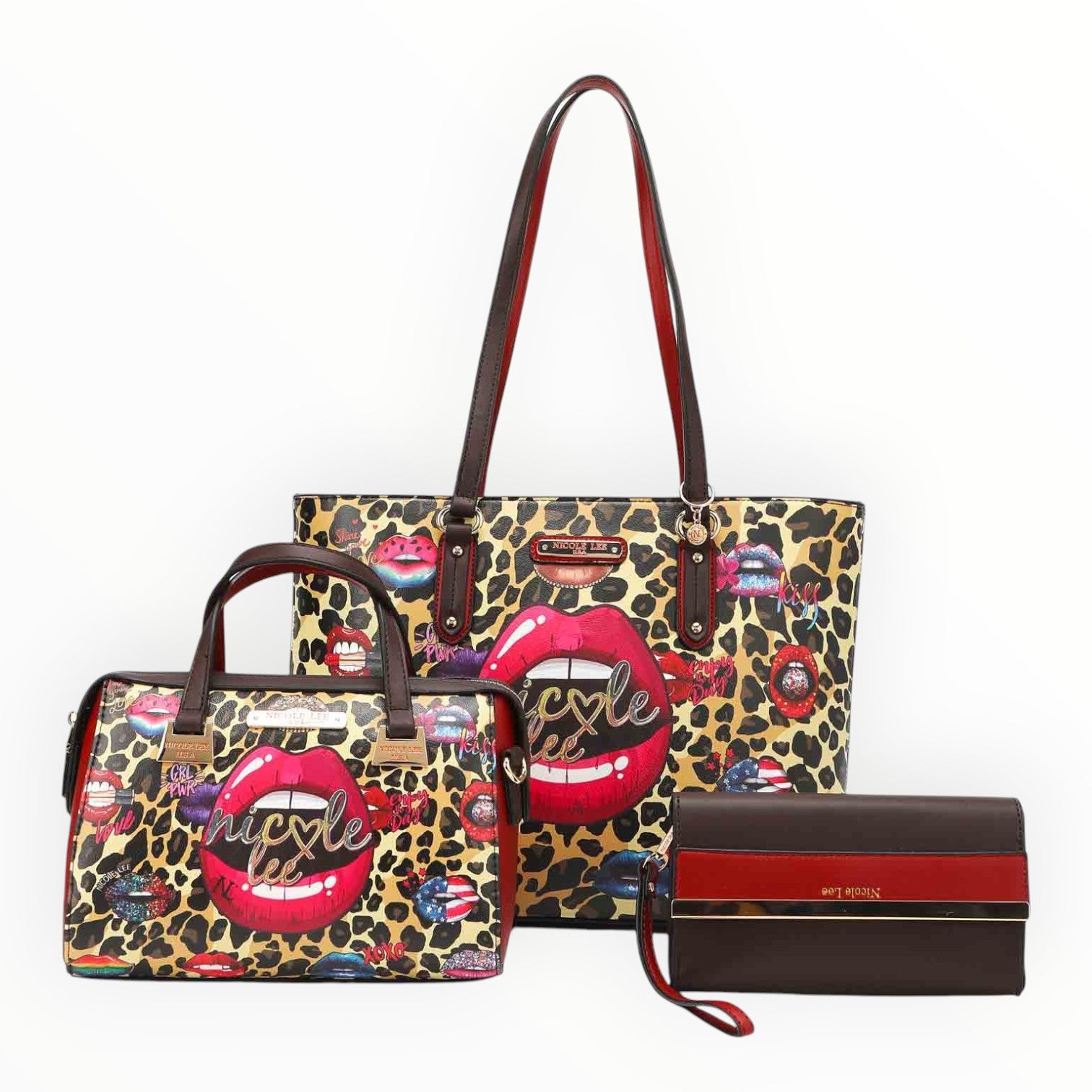 Nicole Lee USA 3-Piece Wild Lips Print Handbag Set - NeoKira Unlimited