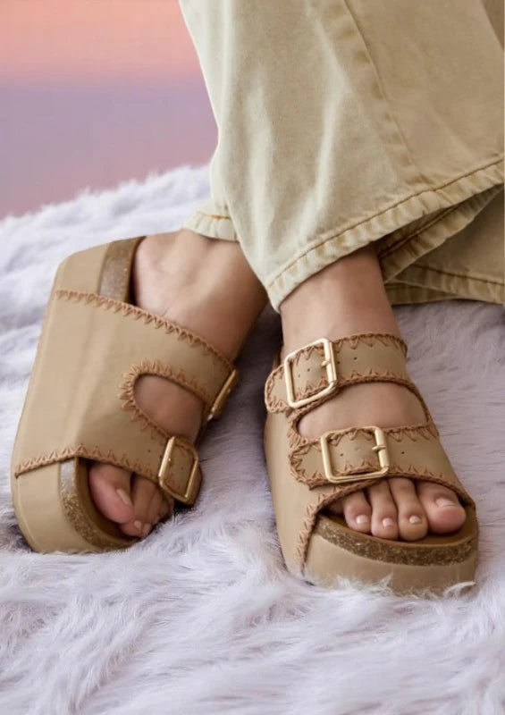 NINA Cork Double Buckle Slip-On Platform Sandals – Boho Chic Comfort - NeoKira Unlimited