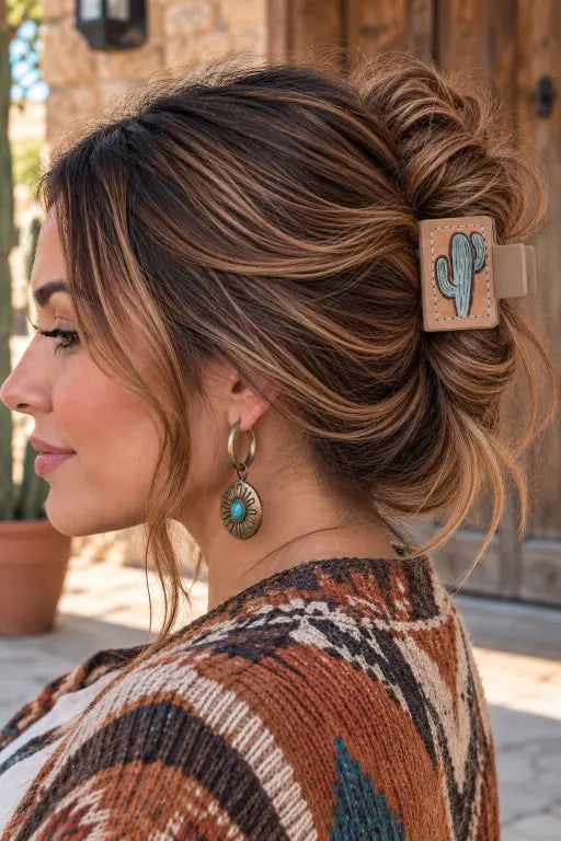 Western Cactus Print Square Hair Claw Clip For Women