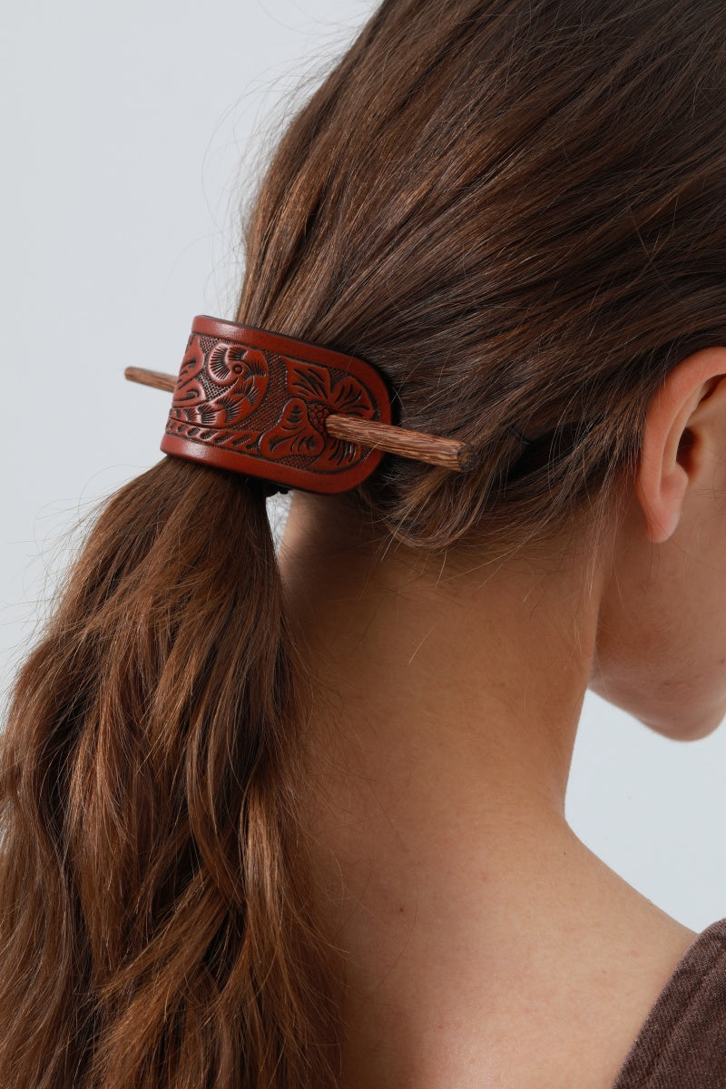 Western Tooled Leather Hair Stick – Cowgirl Styling Accent - NeoKira Unlimited