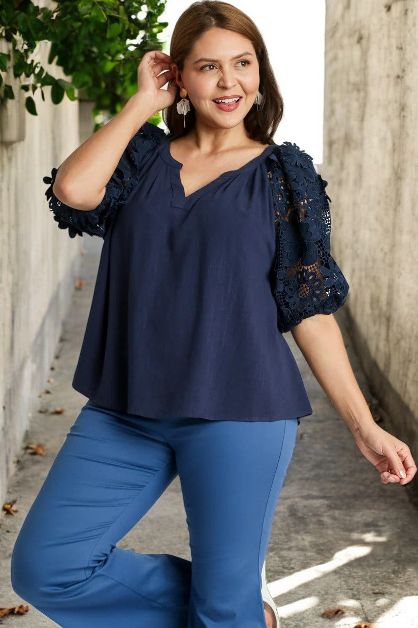 Umgee Full Size French Terry Boxy Cut Top with 3D Floral Sleeve Plus Size - NeoKira Unlimited