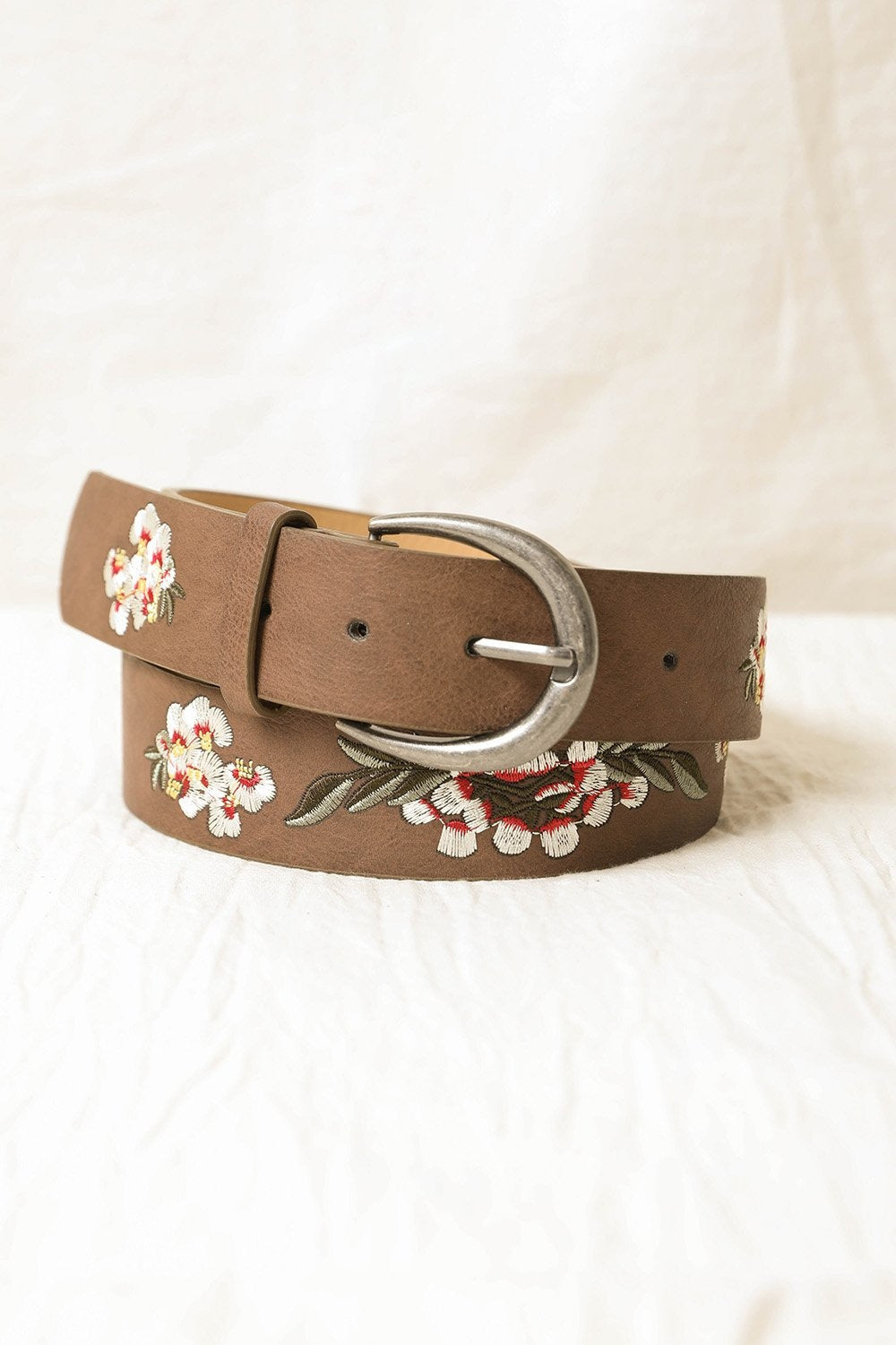 Hibiscus Embroidered Belt Belts Leto Collection Mocha  