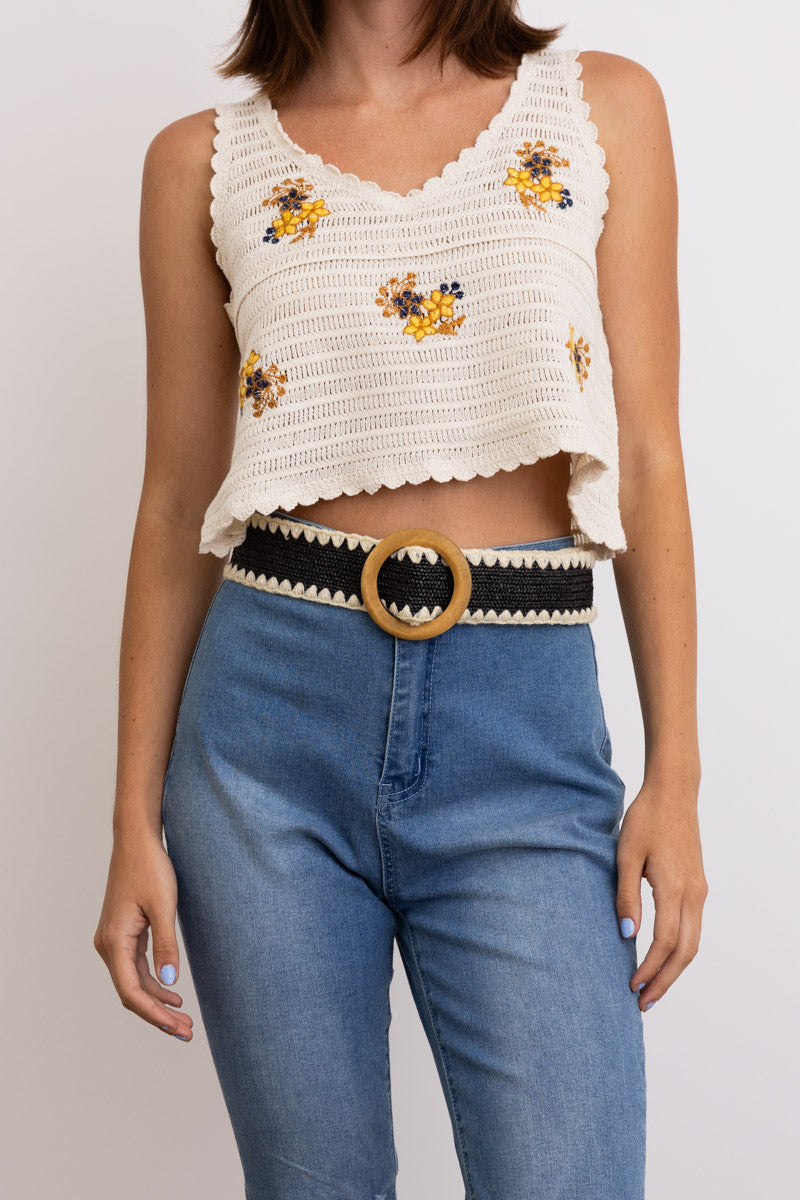 Whipstitch Raffia Belt with Wooden Round Buckle - NeoKira Unlimited