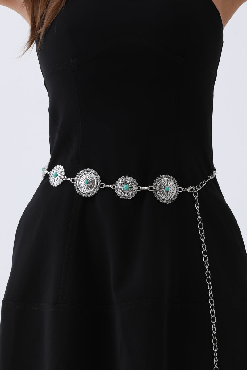 Boho Turquoise Belt – Antique Bronze Buckle with Gemstone Accents - NeoKira Unlimited