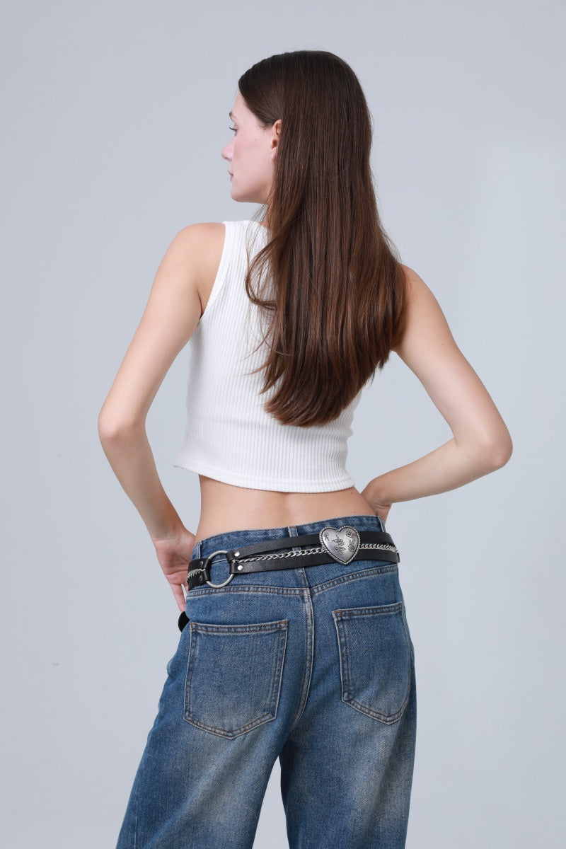 Vintage Western Belt – Faux Leather with Heart & Chain Accent - NeoKira Unlimited