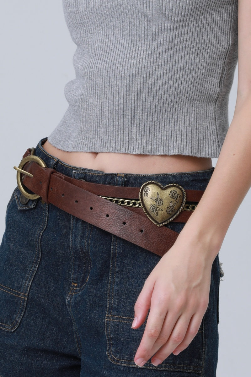 Vintage Western Belt – Faux Leather with Heart & Chain Accent - NeoKira Unlimited