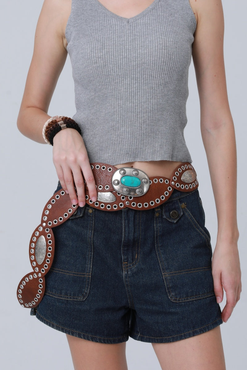Boho Western Belt – Vintage Turquoise Inlaid Buckle 🌵💎 - NeoKira Unlimited