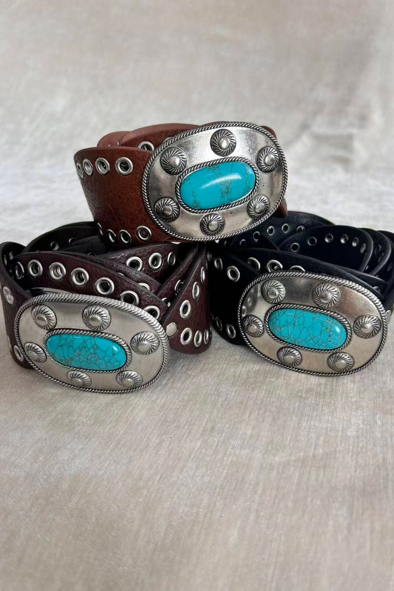 Boho Western Belt – Vintage Turquoise Inlaid Buckle - NeoKira Unlimited
