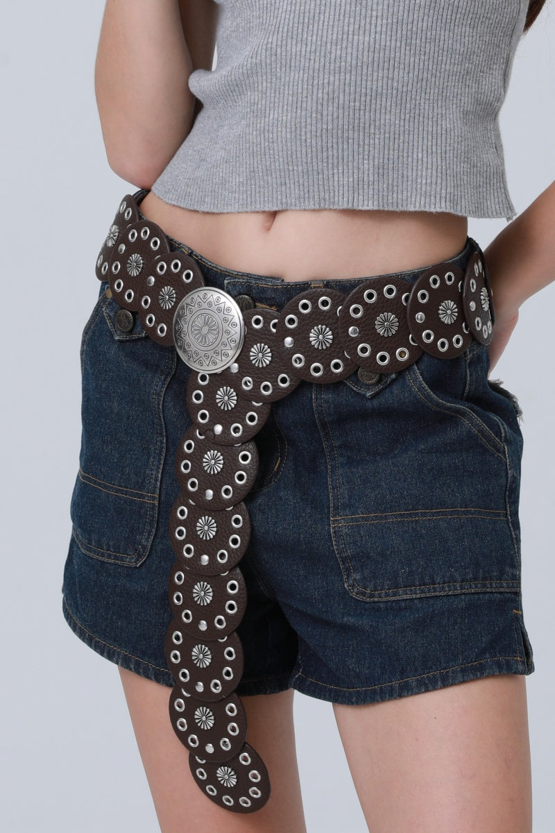Boho Western Belt – Vintage Round Patch & Studded Detail - NeoKira Unlimited