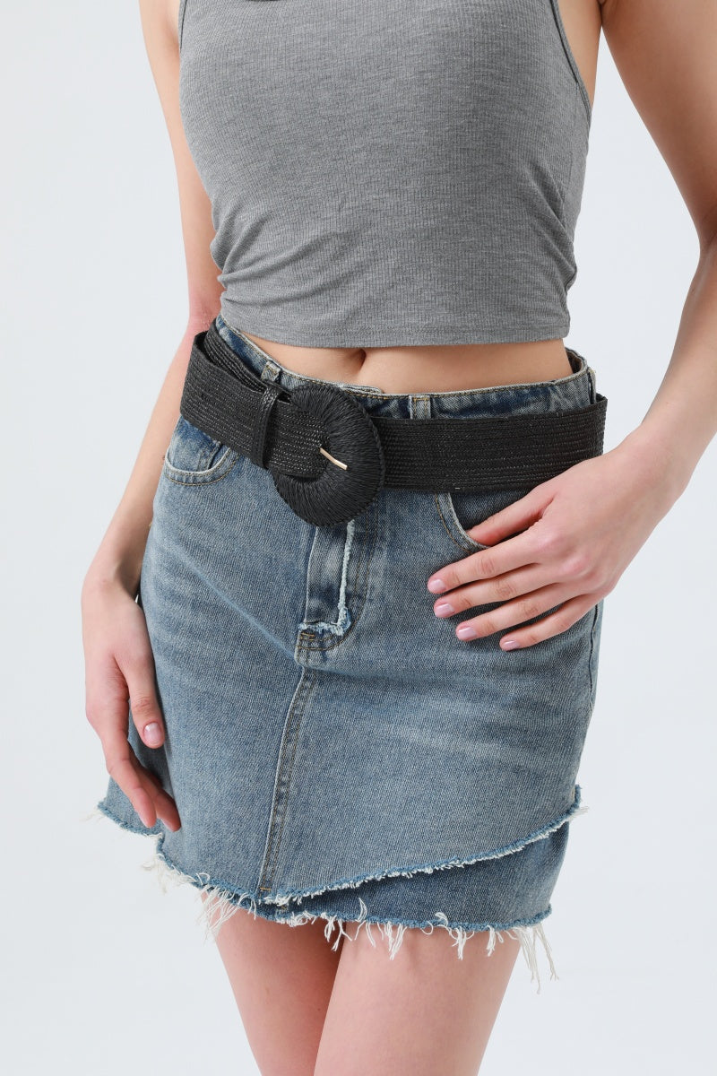 Artisan Raffia Elastic Belt with Crescent Moon Buckle - NeoKira Unlimited