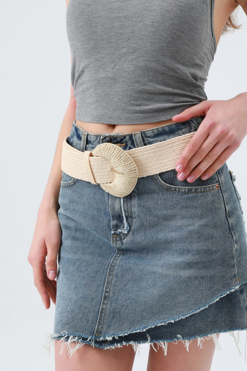 Artisan Raffia Elastic Belt with Crescent Moon Buckle - NeoKira Unlimited