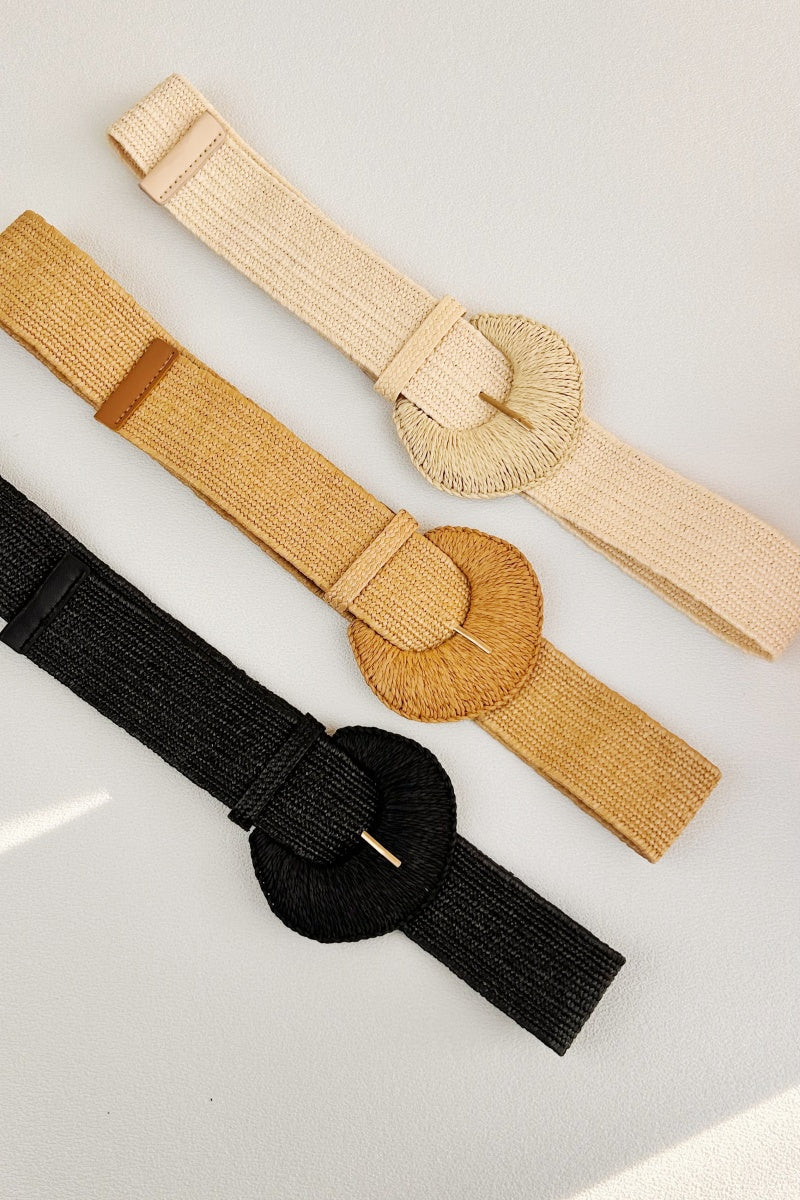 Artisan Raffia Elastic Belt with Crescent Moon Buckle - NeoKira Unlimited
