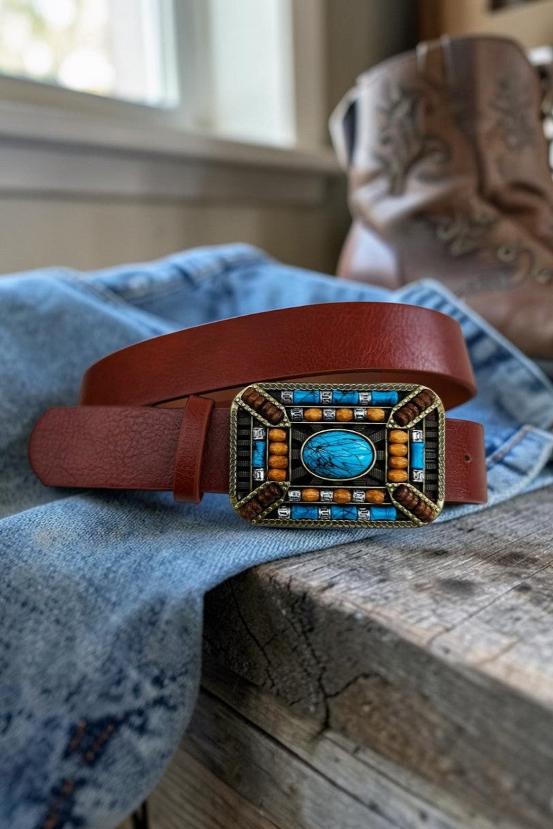 Turquoise Trail: Western Style Ethnic Embellished Leather Belt - NeoKira Unlimited