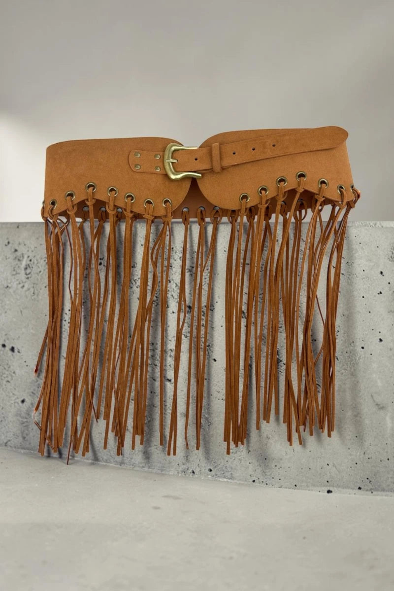 Boho Rodeo: Western Style Fringe Embellished Suede Corset Belt - NeoKira Unlimited