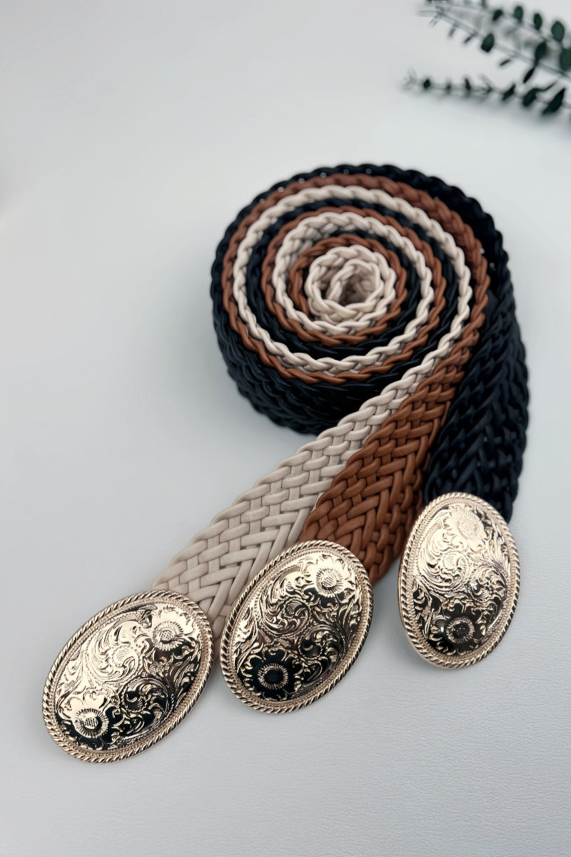 Golden Nomad: Bohemian Woven Wide Belt with Gold Engraved Medallion - NeoKira Unlimited
