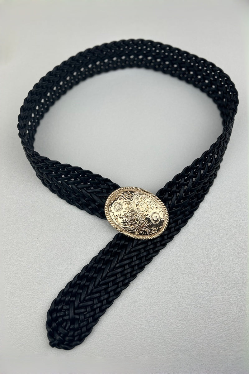 Golden Nomad: Bohemian Woven Wide Belt with Gold Engraved Medallion - NeoKira Unlimited