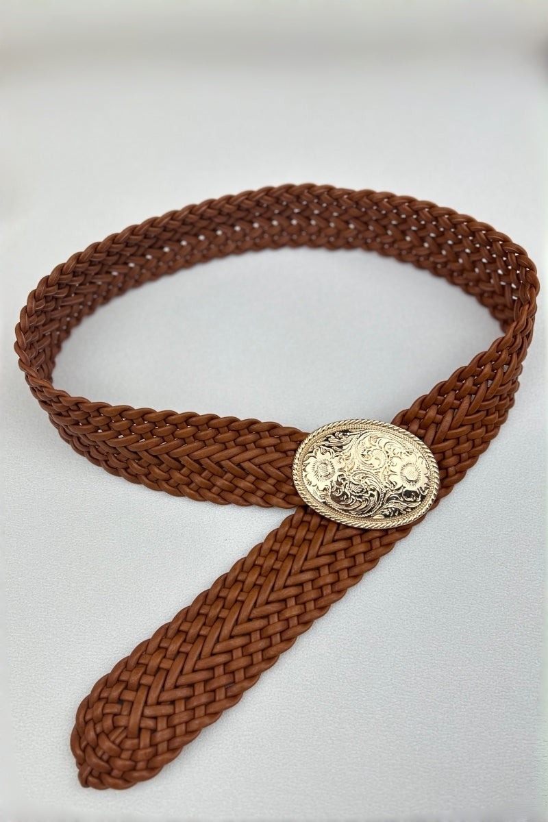Golden Nomad: Bohemian Woven Wide Belt with Gold Engraved Medallion - NeoKira Unlimited