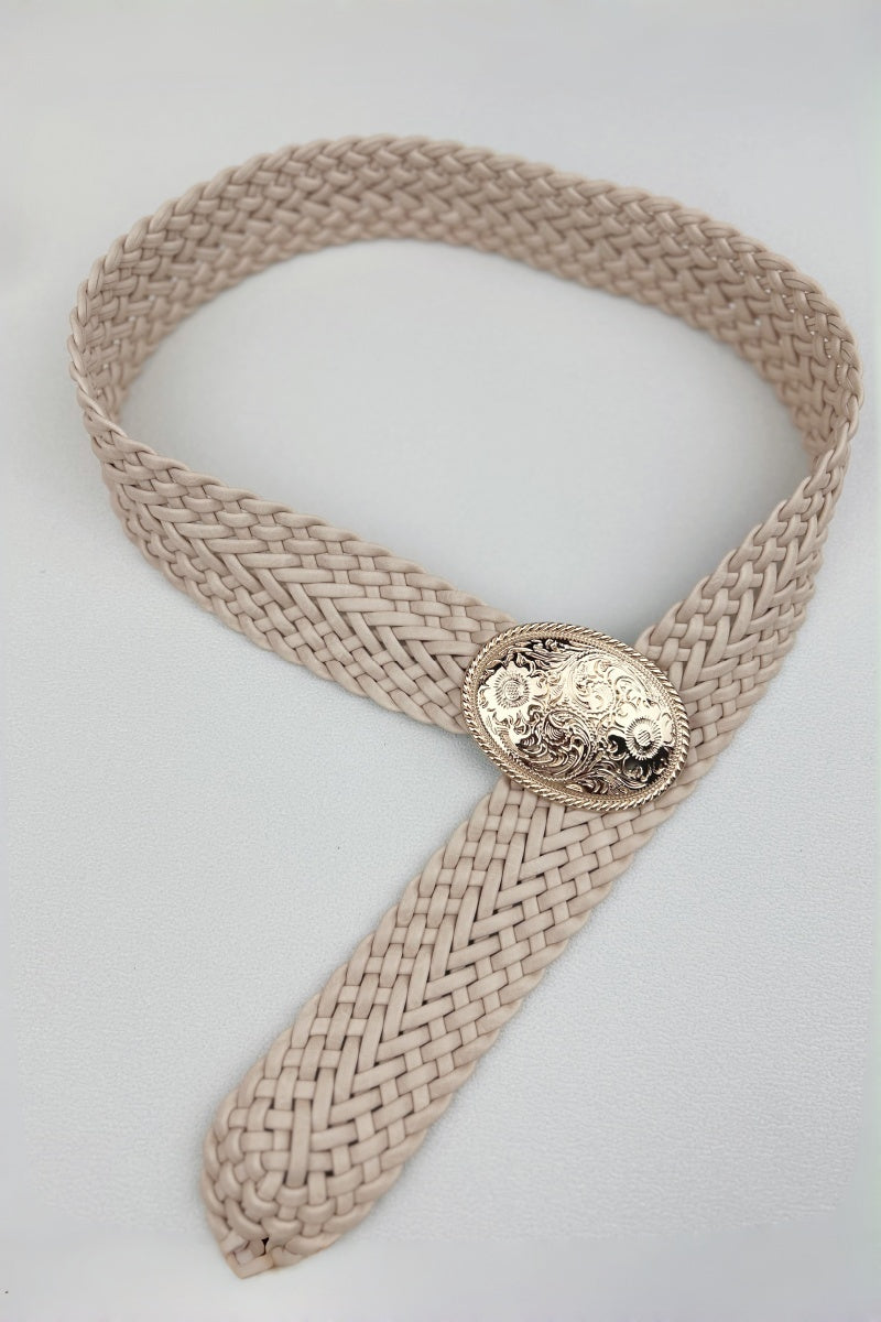 Golden Nomad: Bohemian Woven Wide Belt with Gold Engraved Medallion - NeoKira Unlimited