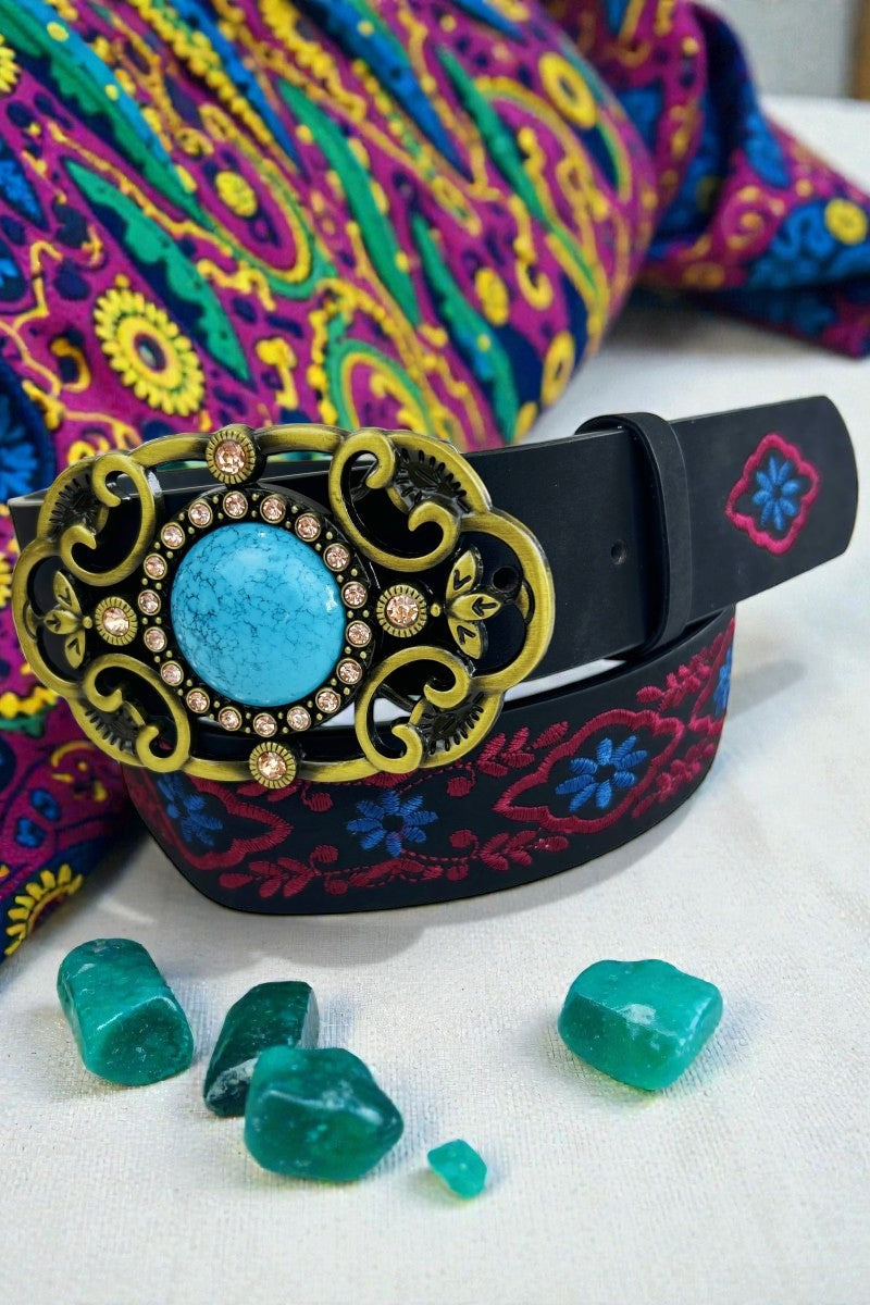 Desert Jewel: Bohemian Turquoise Buckle Embroidered Belt - NeoKira Unlimited