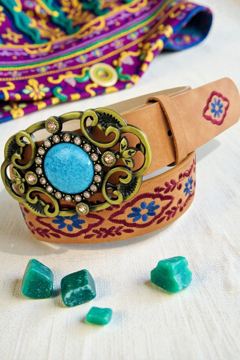 Desert Jewel: Bohemian Turquoise Buckle Embroidered Belt - NeoKira Unlimited