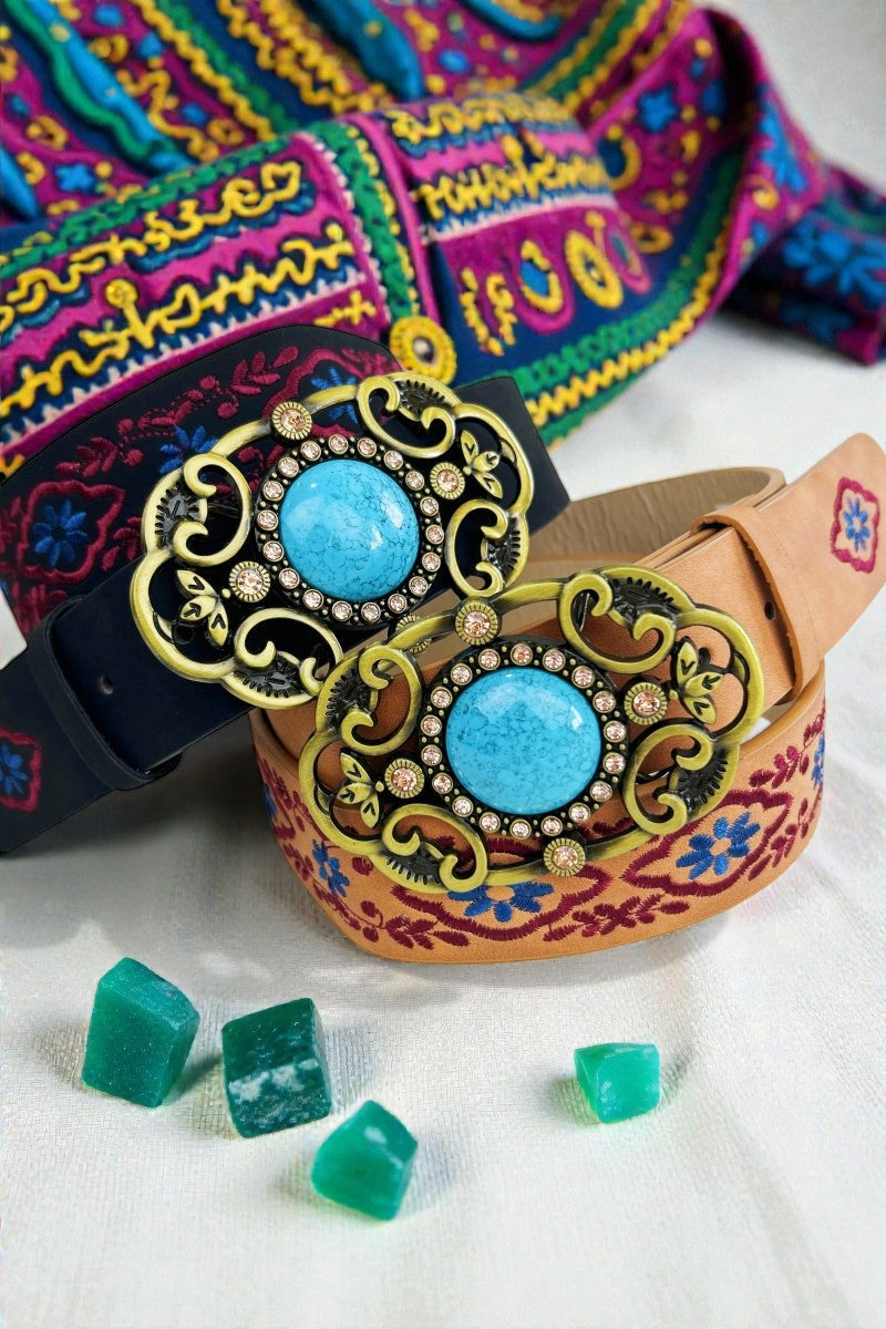 Desert Jewel: Bohemian Turquoise Buckle Embroidered Belt - NeoKira Unlimited