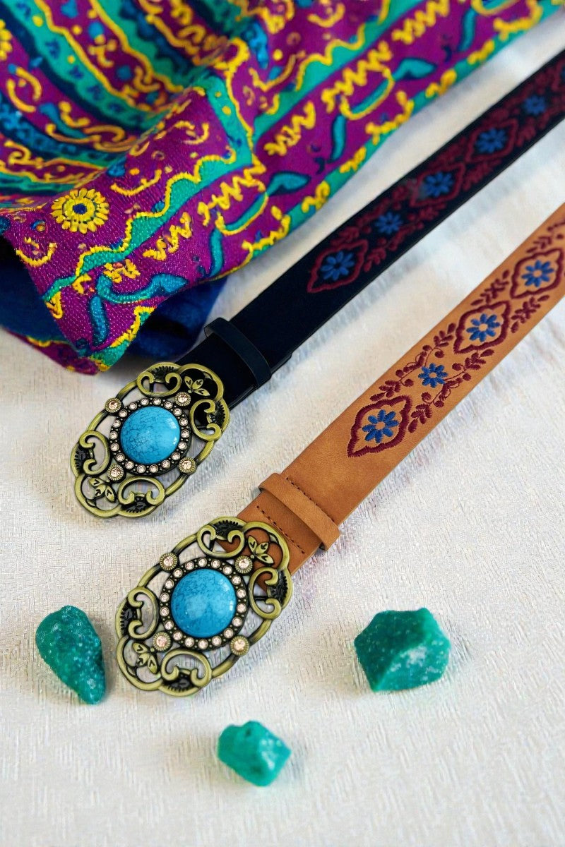 Desert Jewel: Bohemian Turquoise Buckle Embroidered Belt - NeoKira Unlimited