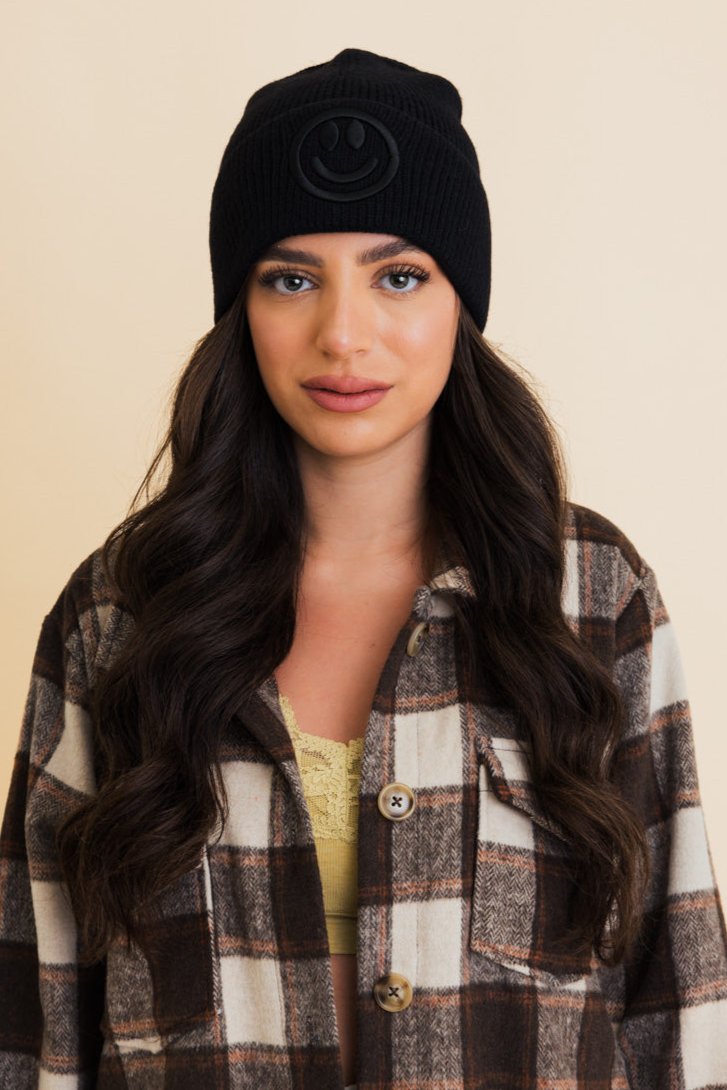 Embroidered Smiley Face Ribbed Knit Beanie - NeoKira Unlimited