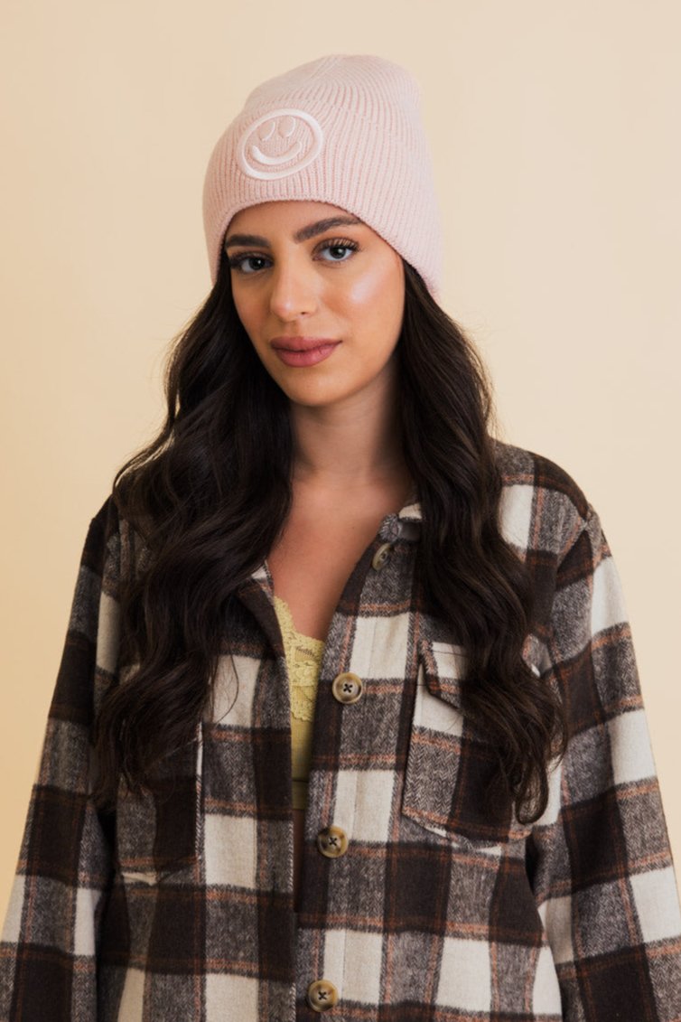 Embroidered Smiley Face Ribbed Knit Beanie - NeoKira Unlimited