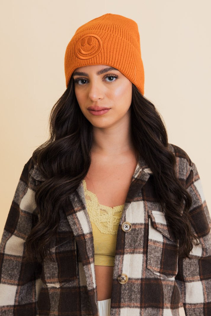Embroidered Smiley Face Ribbed Knit Beanie - NeoKira Unlimited
