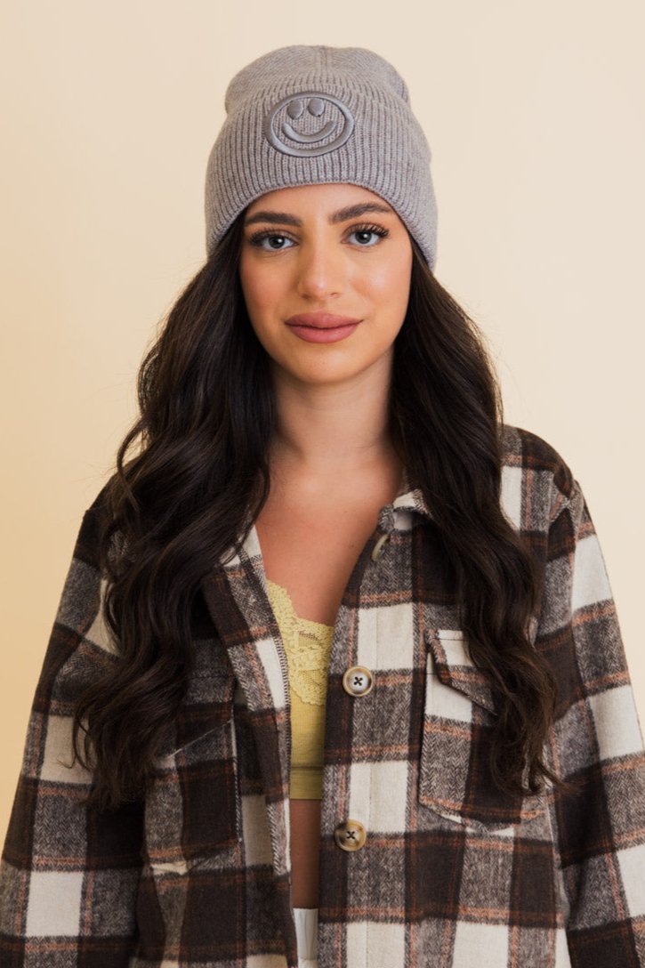 Embroidered Smiley Face Ribbed Knit Beanie - NeoKira Unlimited