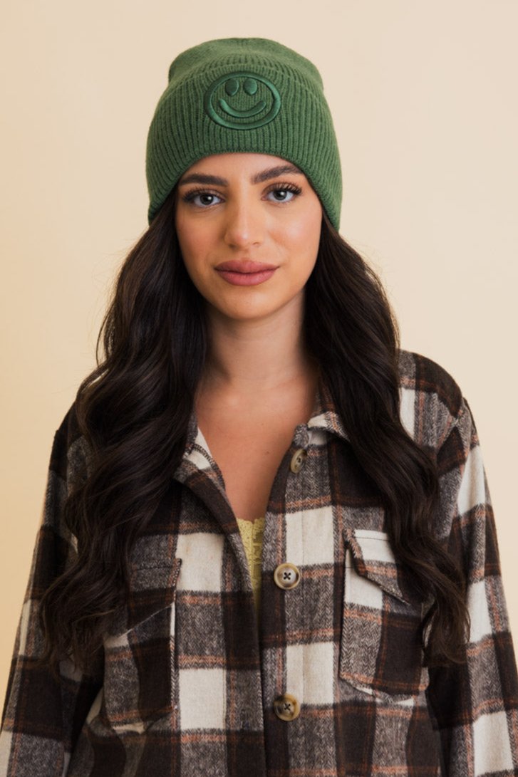 Embroidered Smiley Face Ribbed Knit Beanie - NeoKira Unlimited