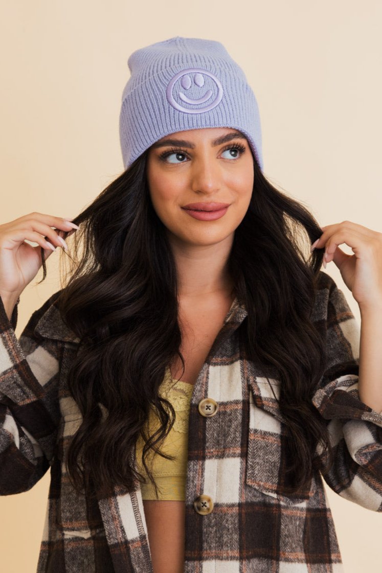 Embroidered Smiley Face Ribbed Knit Beanie - NeoKira Unlimited