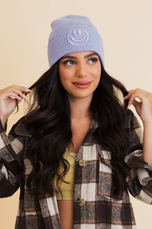 Embroidered Smiley Face Ribbed Knit Beanie - NeoKira Unlimited