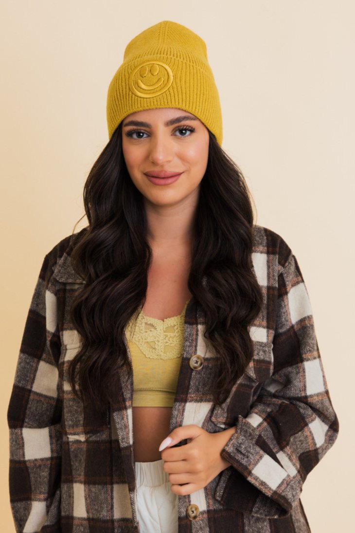 Embroidered Smiley Face Ribbed Knit Beanie - NeoKira Unlimited