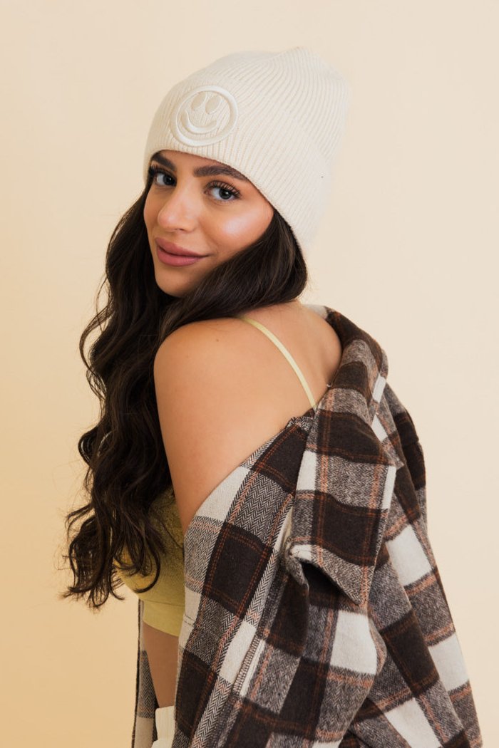 Embroidered Smiley Face Ribbed Knit Beanie - NeoKira Unlimited
