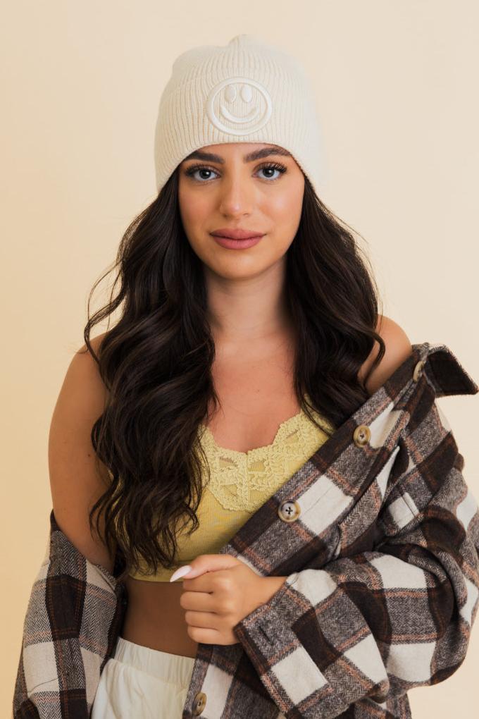 Embroidered Smiley Face Ribbed Knit Beanie - NeoKira Unlimited