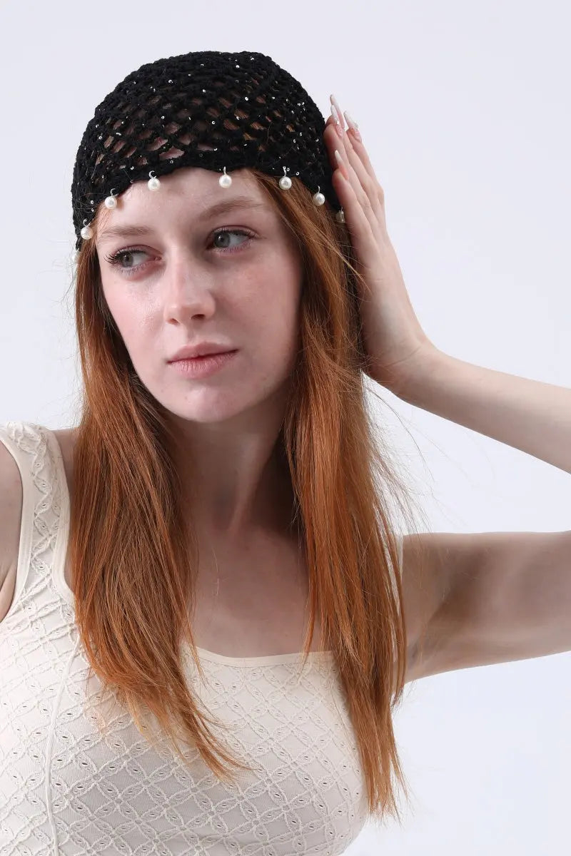 Boho Sequin Pearl Tassel Crochet Beanie – Lightweight Hollow Knit Hat - NeoKira Unlimited