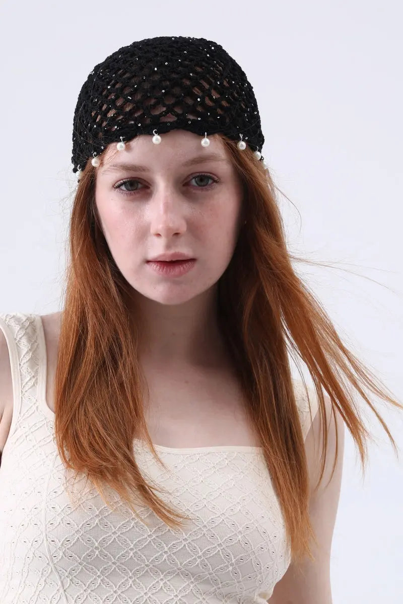 Boho Sequin Pearl Tassel Crochet Beanie – Lightweight Hollow Knit Hat - NeoKira Unlimited